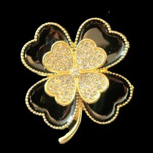 CLOVER Lucky GOLDTONE & Black PIN with clear stones by ORNAMENTS NEW in bag